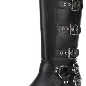 Women's Knee High Riding Boots in Black, Size 7, with Buckle, Square Toe, Chunky